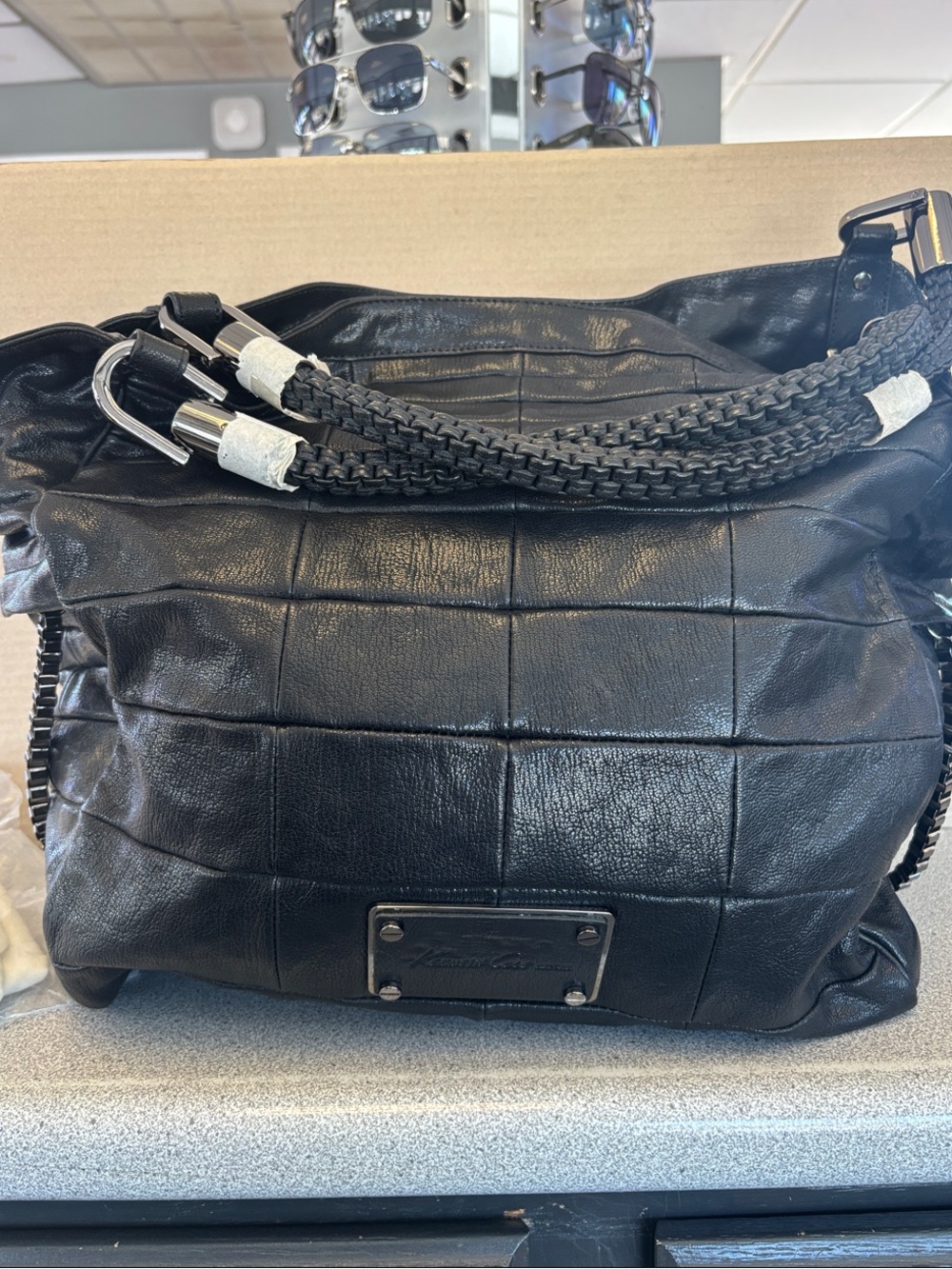 Kenneth Cole New York Black Quilted Leather Tote with Braided Handles